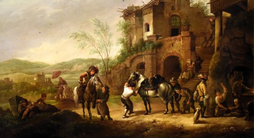 19th century - Horsemen Resting in the Village  Flemish Master, Mid-19th century